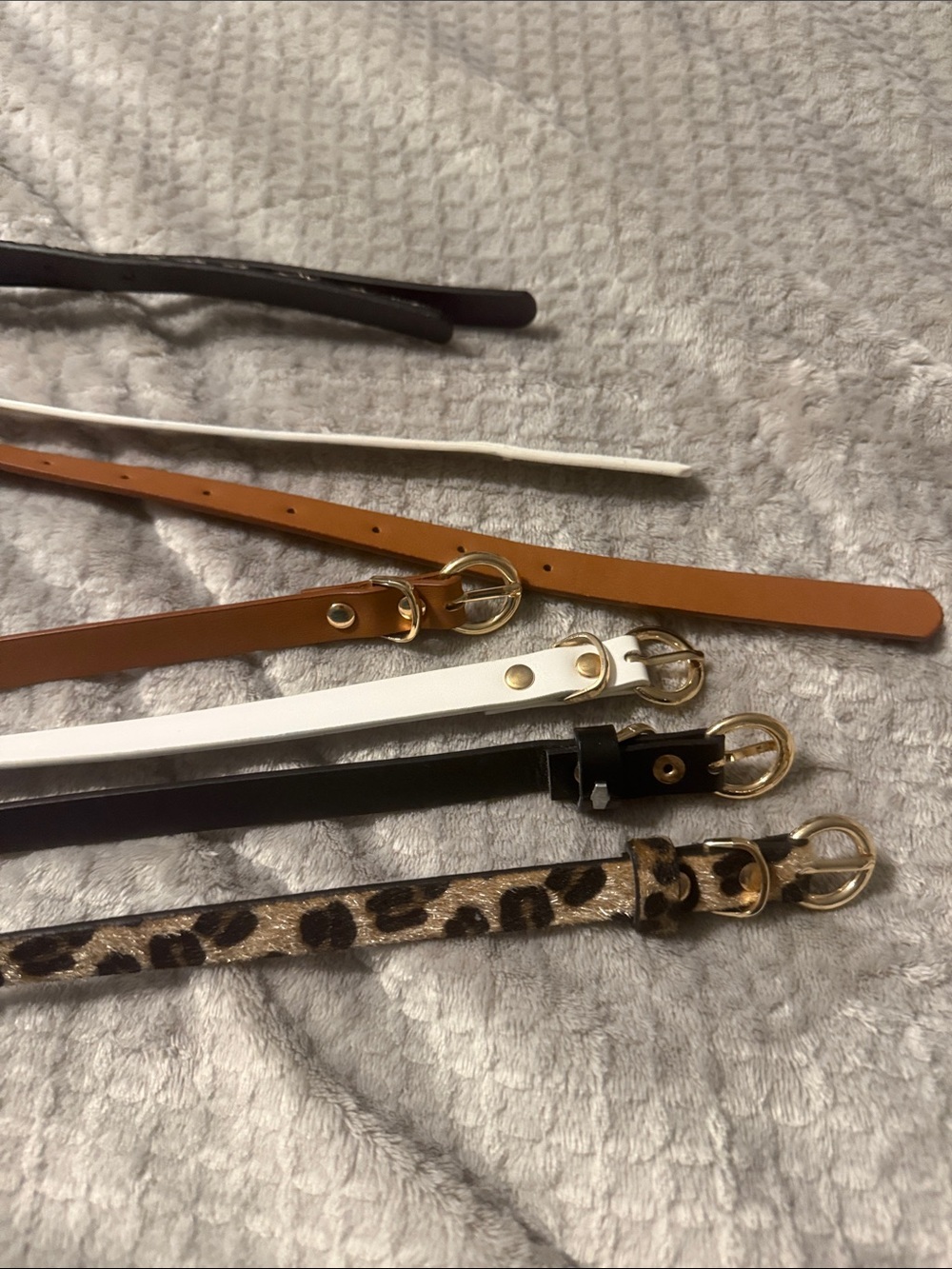 Set of 4 Women's Slim Fashion Belts — Tan, White, Black & Leopard Print